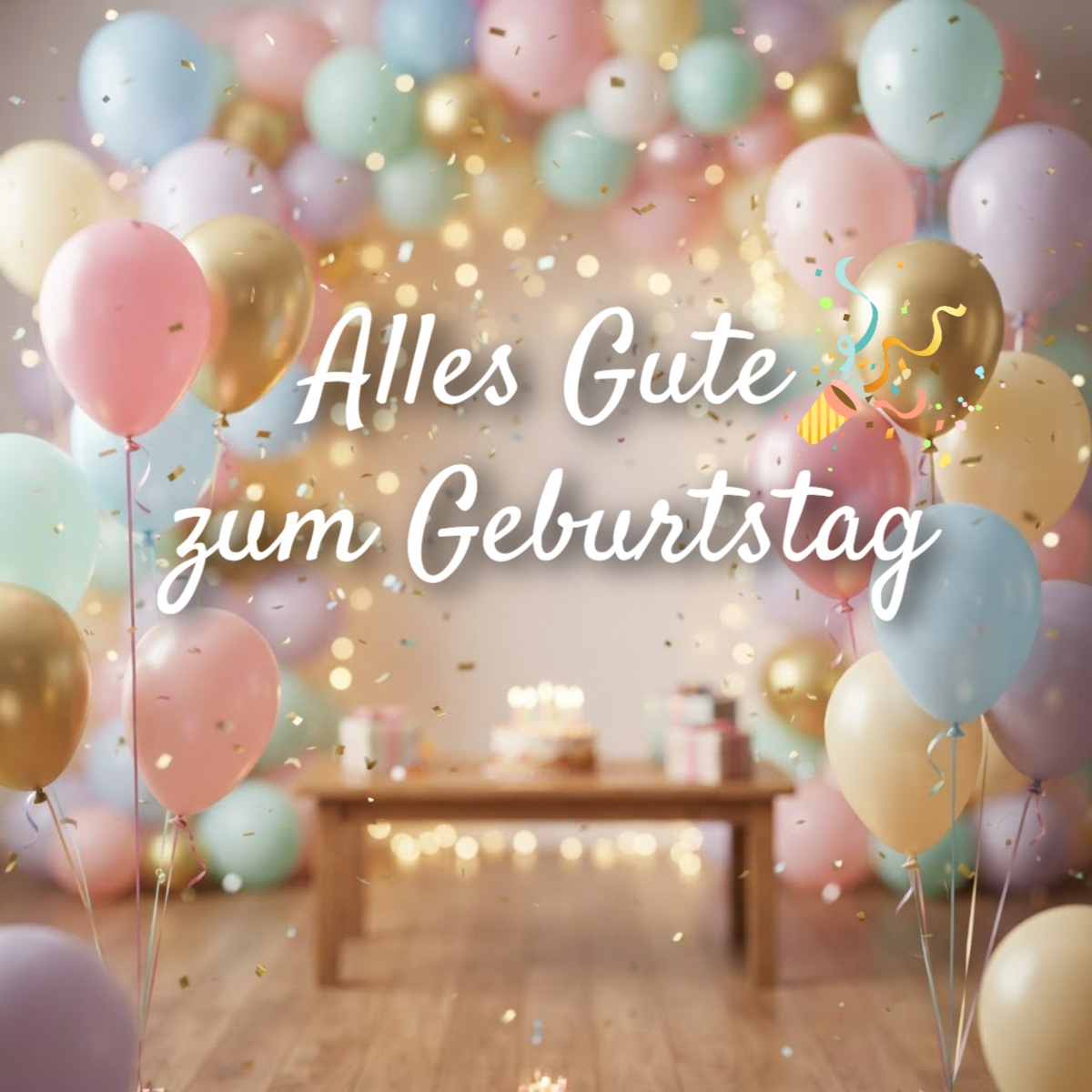 Fertig gestaltete KI-Geburtstagskarte mit feierlichem Ballons-Hintergrund, weißer Schrift und Konfetti-Details.