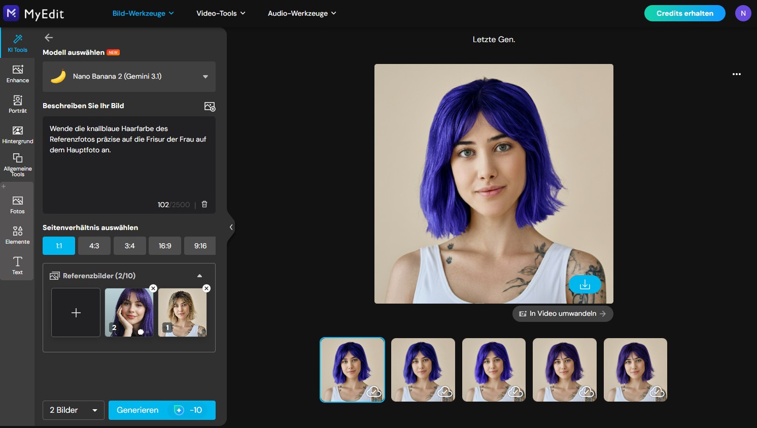 Benutzeroberfläche von MyEdit zeigt, wie eine blaue Haarfarbe von einem Referenzfoto auf ein Porträt übertragen wird.