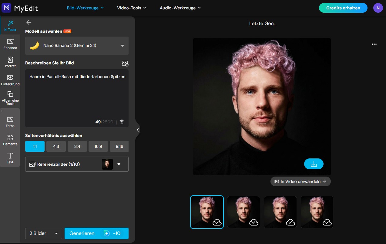 MyEdit Benutzeroberfläche des KI-Bildgenerators mit einem Porträt eines Mannes mit pastell-rosa Locken und dem eingegebenen Prompt für individuelle Haarfarben.