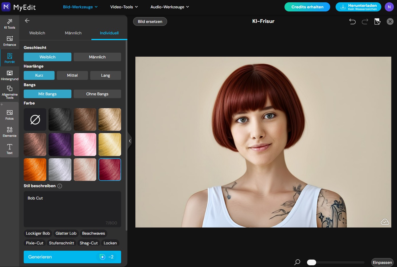 Benutzeroberfläche des MyEdit KI-Frisuren-Tools: Eine Frau mit einem dunkelroten Bob-Haarschnitt wird im Editor angezeigt. Links ist das Einstellungsmenü für individuelle Anpassungen wie Haarlänge, Pony und eine Auswahl an verschiedenen Haarfarben zu sehen.