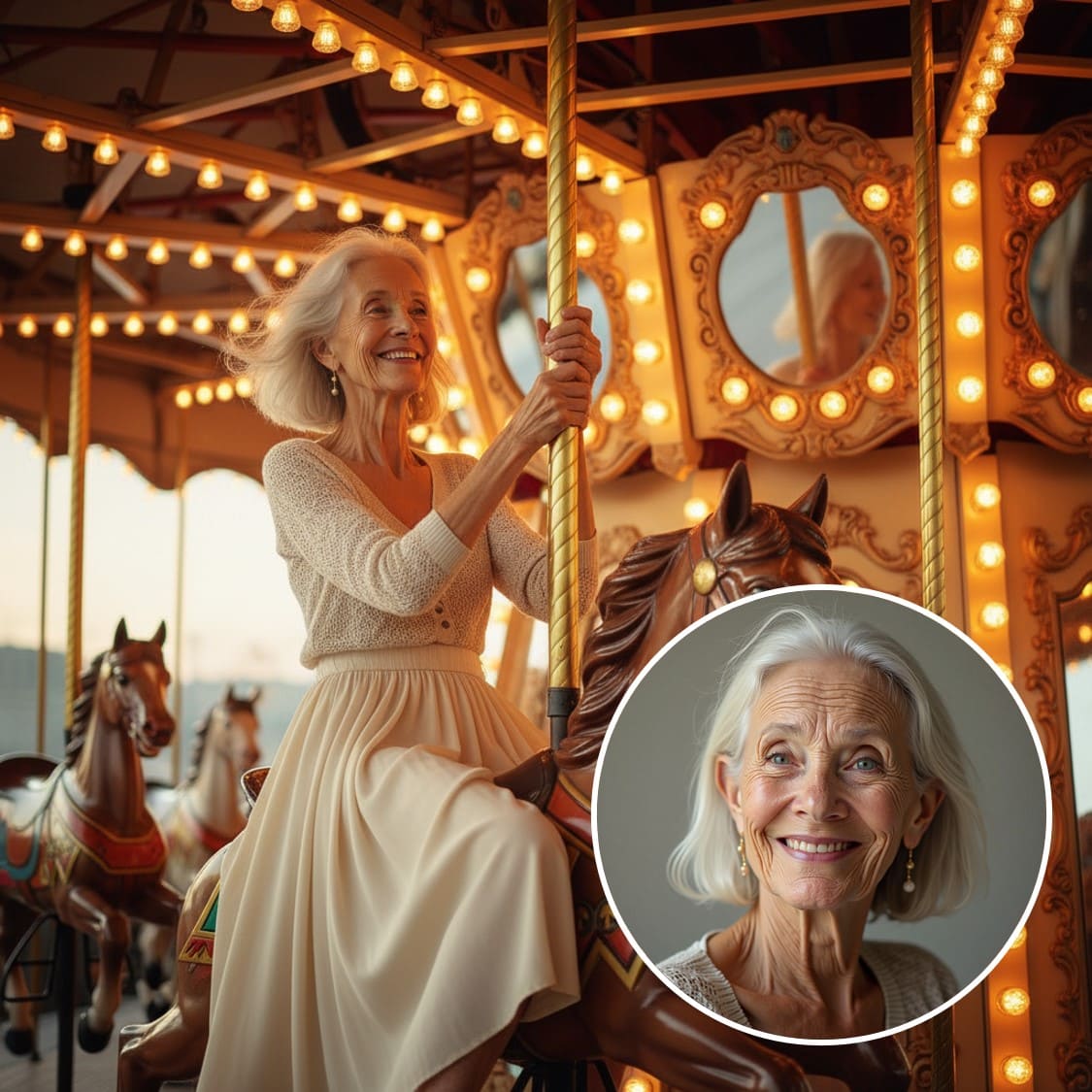 AI-generated magical holiday portrait using Merry Carousel template