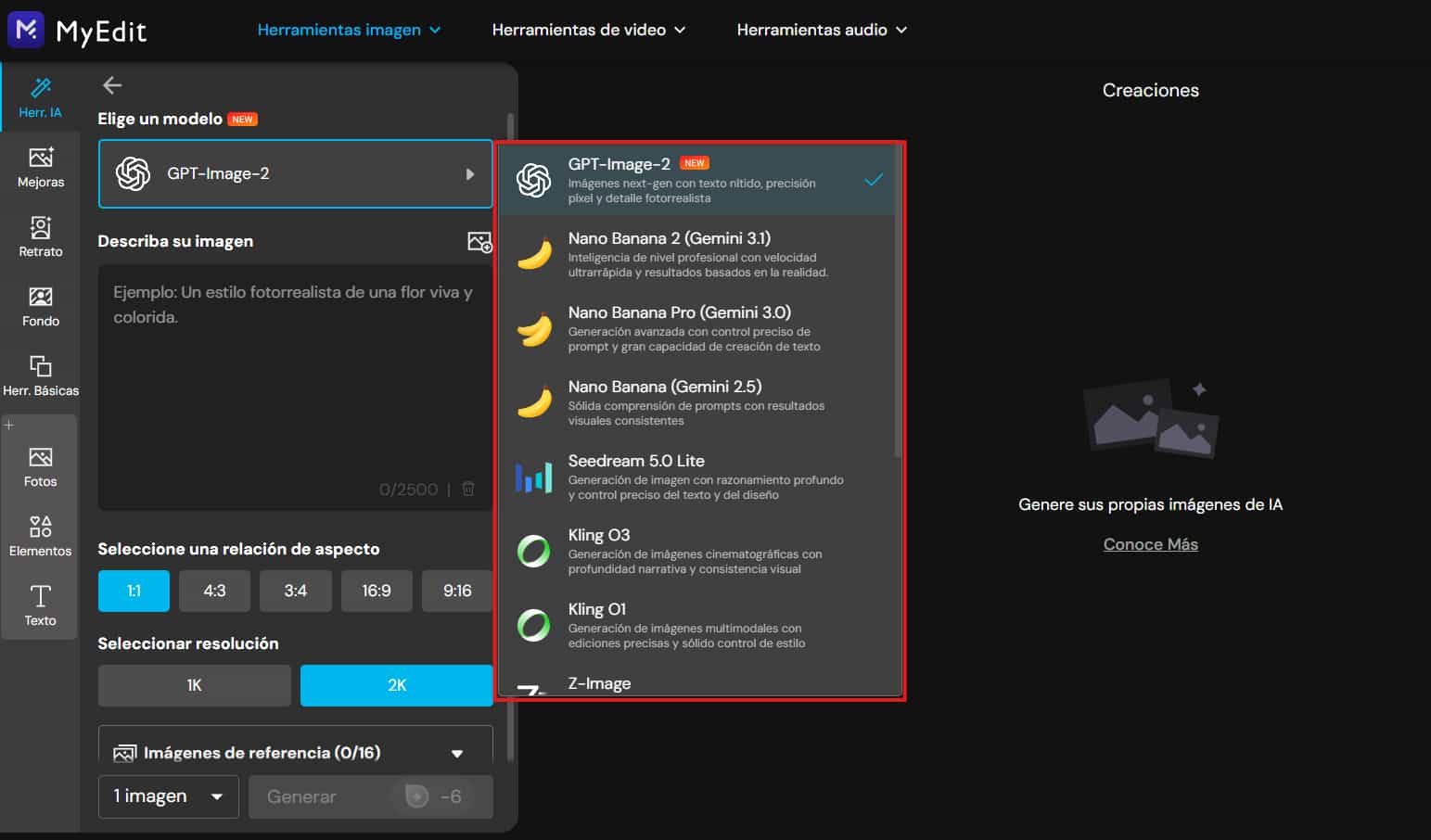 Selección de modelo IA en MyEdit para generar imágenes de referencia