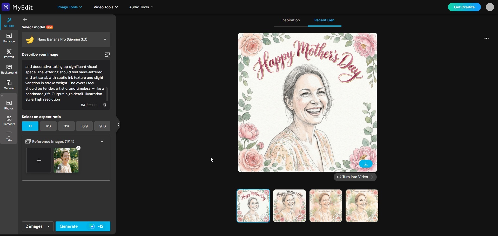 AI-generated Mother's Day portrait result on MyEdit