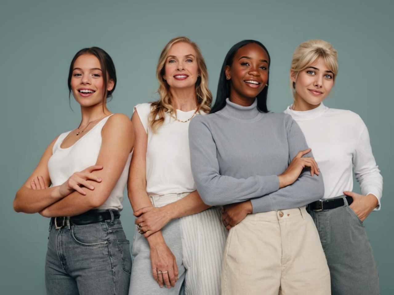 Ergebnis eines nahtlosen KI-Multi-Face-Swaps auf MyEdit. Ein Gruppenfoto von vier Frauen vor einem grauen Hintergrund. Alle Gesichter sind scharf, realistisch getauscht und passen perfekt zu Hautton, Beleuchtung und Körperhaltung der ursprünglichen Personen.