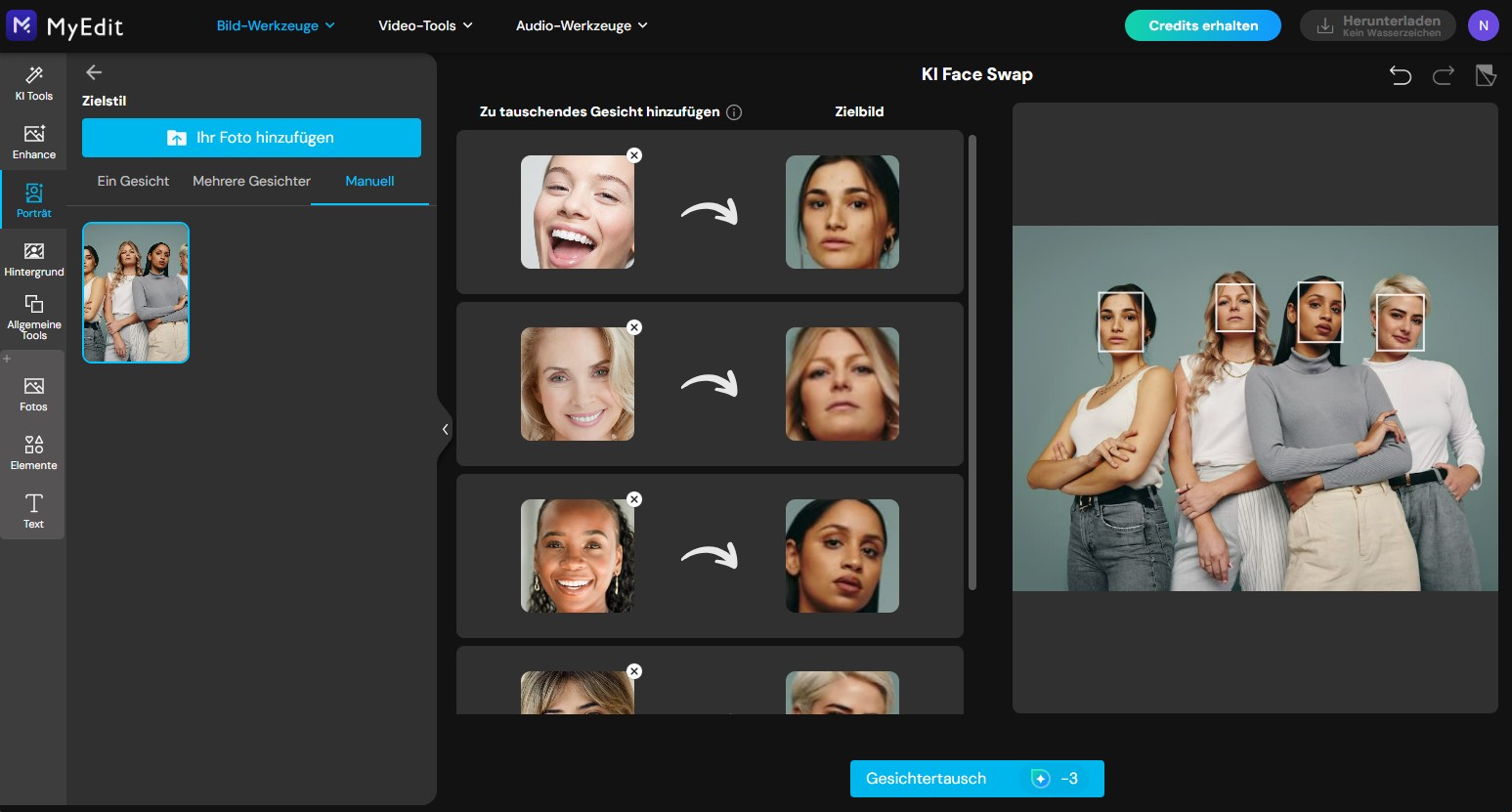 Screenshot der MyEdit-Benutzeroberfläche für den Multi-Face-Swap. Das dunkle Interface zeigt links die Quellfotos, in der Mitte die gezielte Auswahl von vier Gesichtern, die getauscht werden sollen, und rechts eine Vorschau des Gruppenfotos mit markierten Gesichtsrahmen. Der blaue Button Gesichtertausch ist unten sichtbar.
