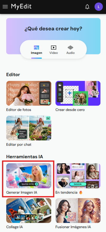 Acceder al generador de imágenes IA de MyEdit para crear imágenes del Mundial 2026