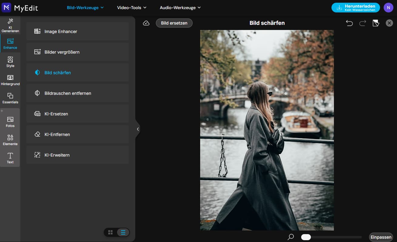 MyEdit Online-Editor Benutzeroberfläche mit der Menüauswahl für Bild schärfen und Image Enhancer.