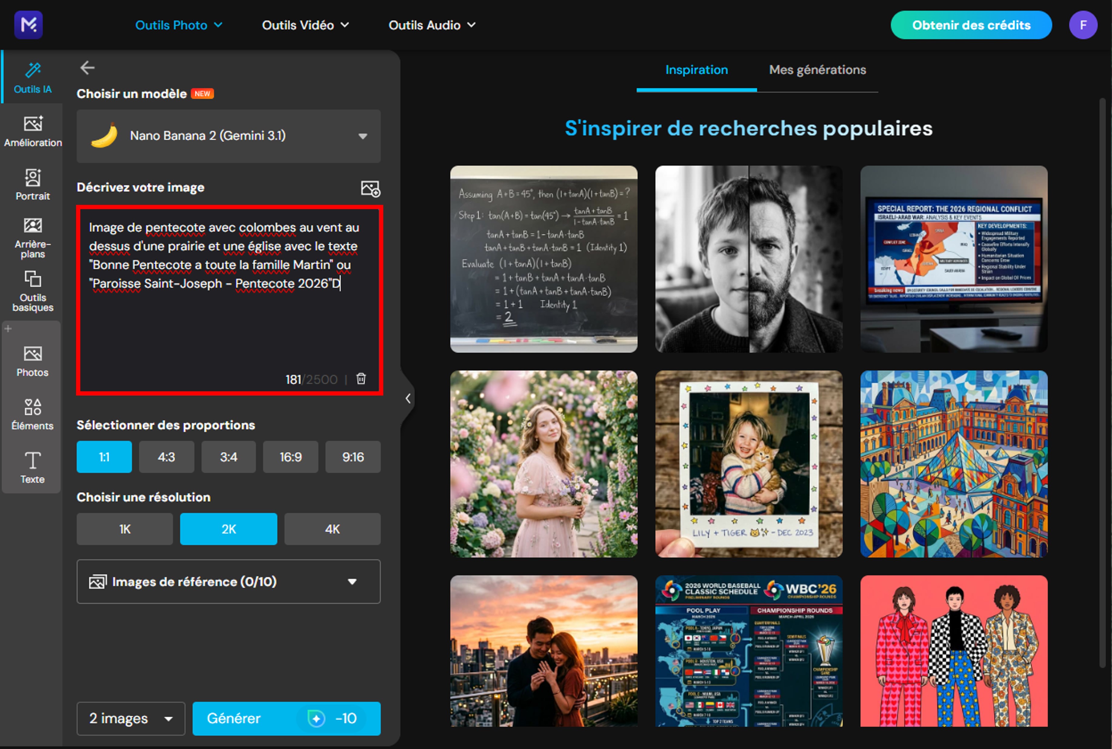 Saisie du prompt Pentecôte dans le générateur d'images IA de MyEdit