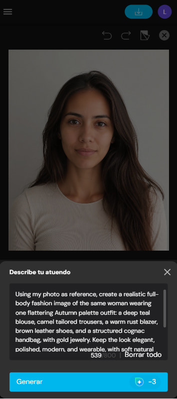Resultado del probador de atuendos IA de MyEdit aplicando paleta de colores personal