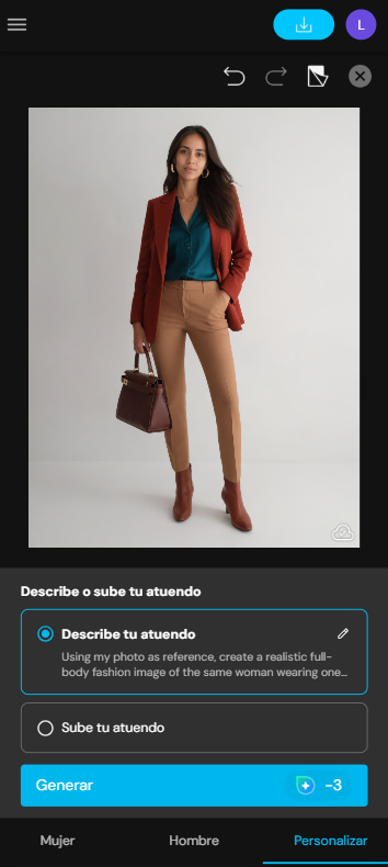 Resultado del probador de atuendos IA de MyEdit aplicando paleta de colores personal