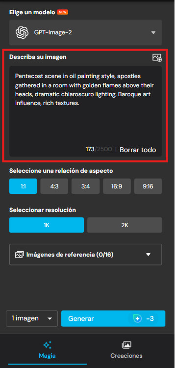 Interfaz de MyEdit con prompt de Pentecostés escrito