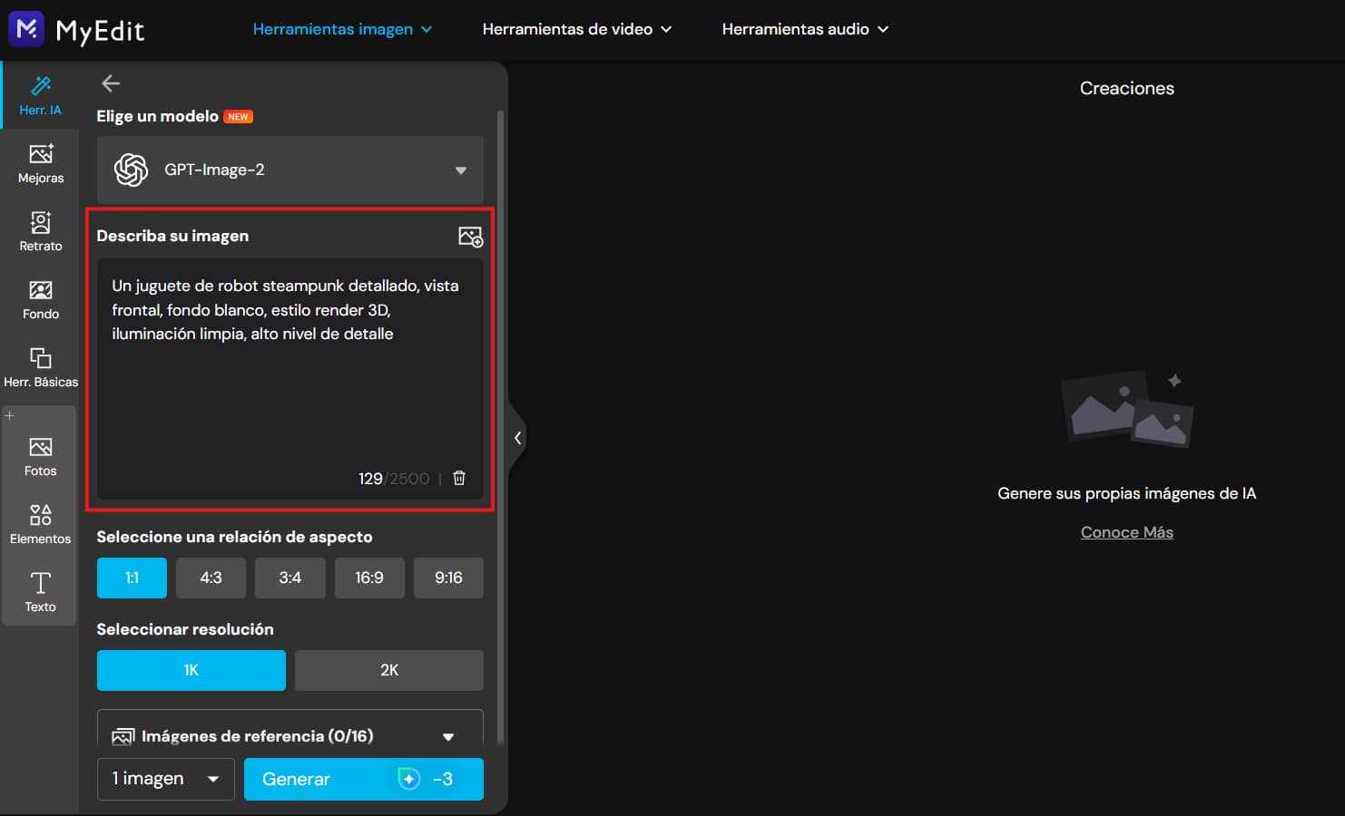Prompt en MyEdit para generar imagen de referencia para Meshy AI