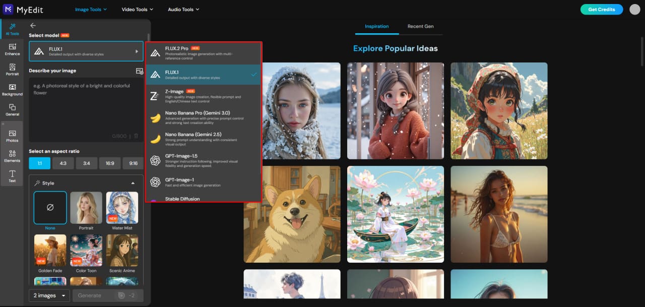 Sélection du modèle Nano Banana dans MyEdit pour caricatures exagérées