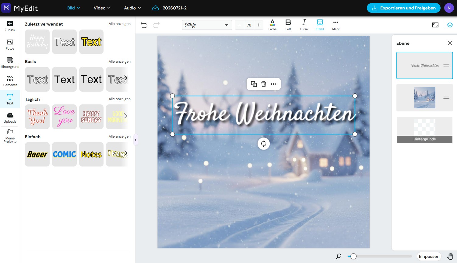 Schriftart und Effekte im Text-Editor von MyEdit anpassen, um Frohe Weihnachten auf das Bild zu schreiben.