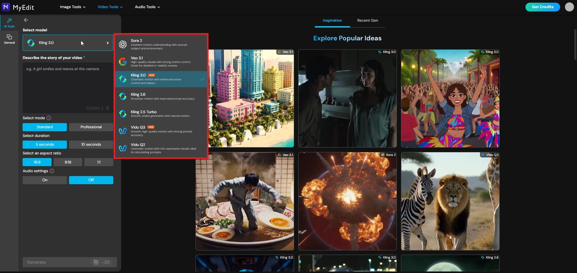 Select AI video model on MyEdit: Kling, Veo 3 or Vidu