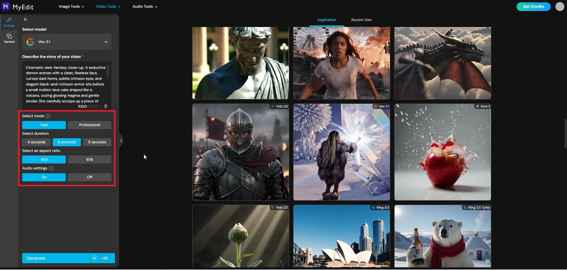 Customize video settings on MyEdit: mode, duration, aspect ratio and audio