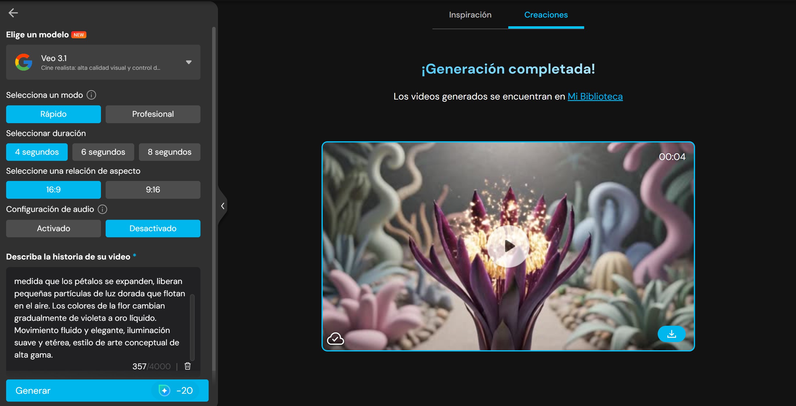 Interfaz de ususario del generador de videos con IA de MyEdit