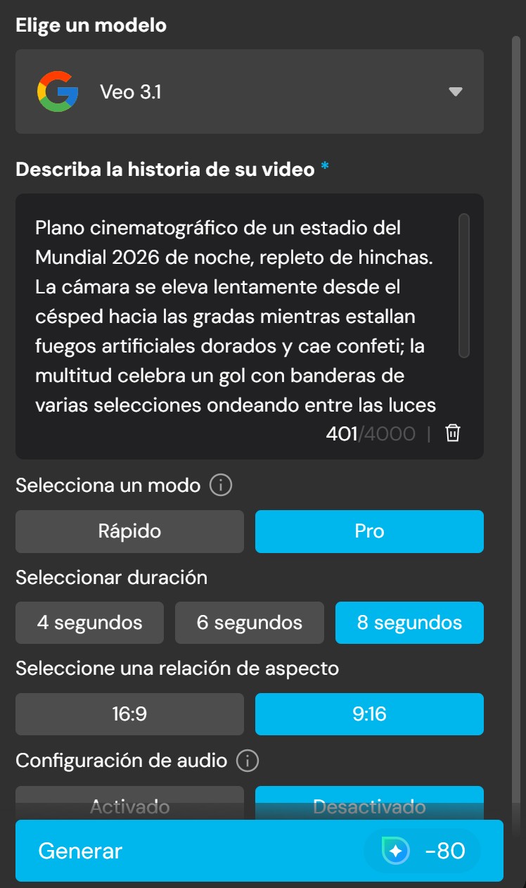 Escribir el prompt del Mundial 2026 en el generador de videos con IA de MyEdit