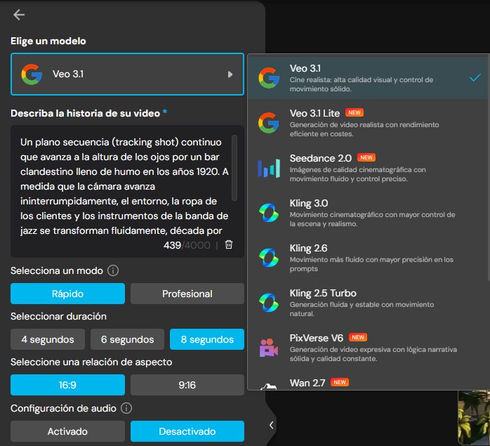 MyEdit elegir modelo IA y escribir prompt en español para generar video