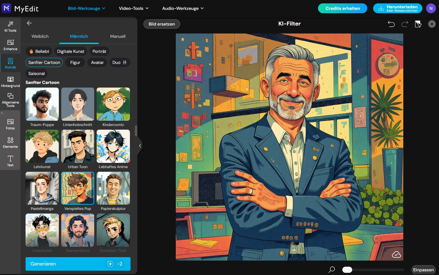 MyEdit Desktop-Interface: Ein Foto eines Mannes wird mit KI-Filtern in eine bunte Comic-Illustration umgewandelt.