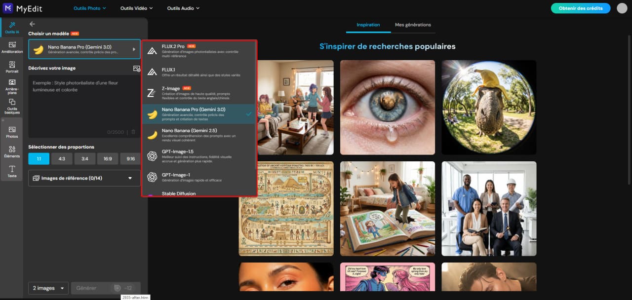 Sélectionner le modèle Nano Banana dans MyEdit pour créer une coiffure virtuelle