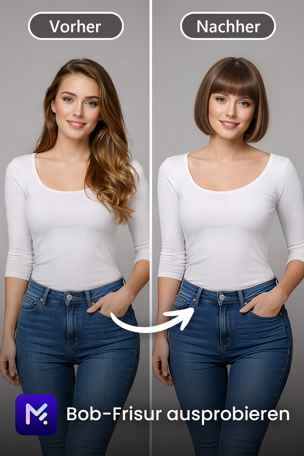 Vorher-Nachher-Vergleich einer virtuellen Frisuren-Anprobe: Eine Frau wechselt per App von langem, welligem Haar zu einem kurzen, glatten Bob mit Pony.