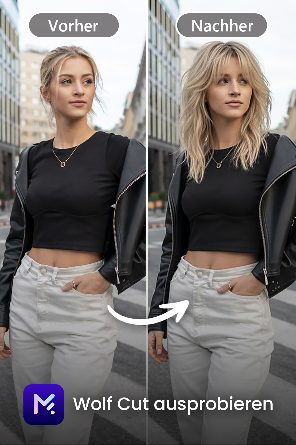 Vorher-Nachher-Vergleich eines Wolf Cut Haarschnitts bei einer Frau in weißer Jeans und schwarzer Lederjacke, erstellt mit MyEdit.