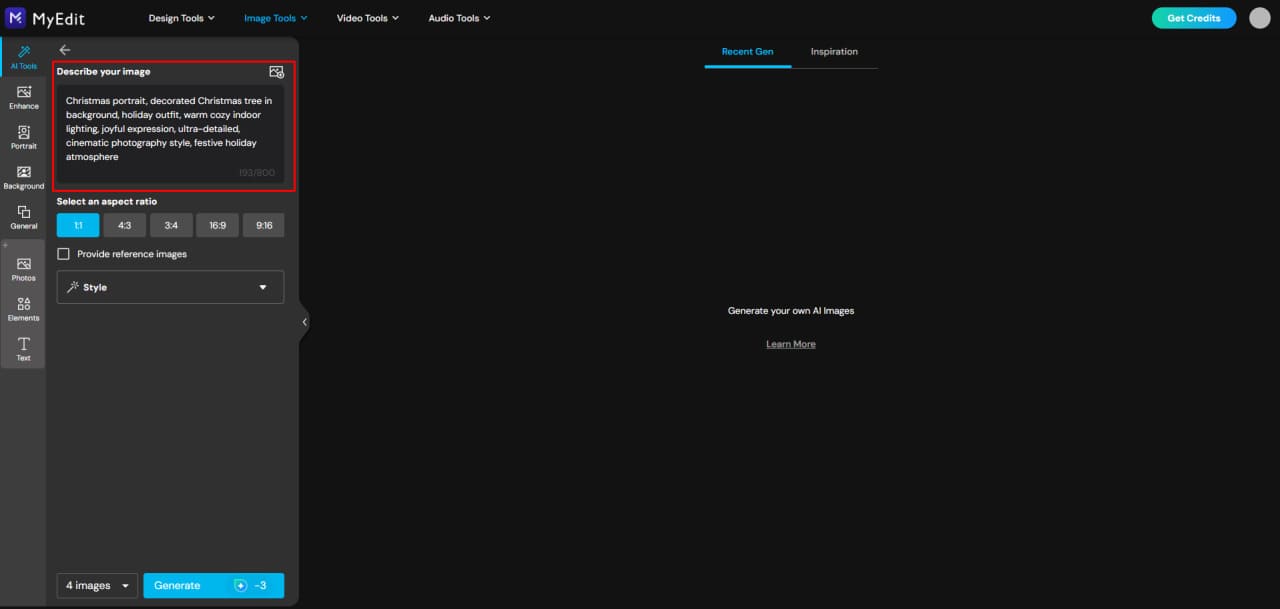 Weihnachts-Prompt in den MyEdit Bildgenerator eingeben