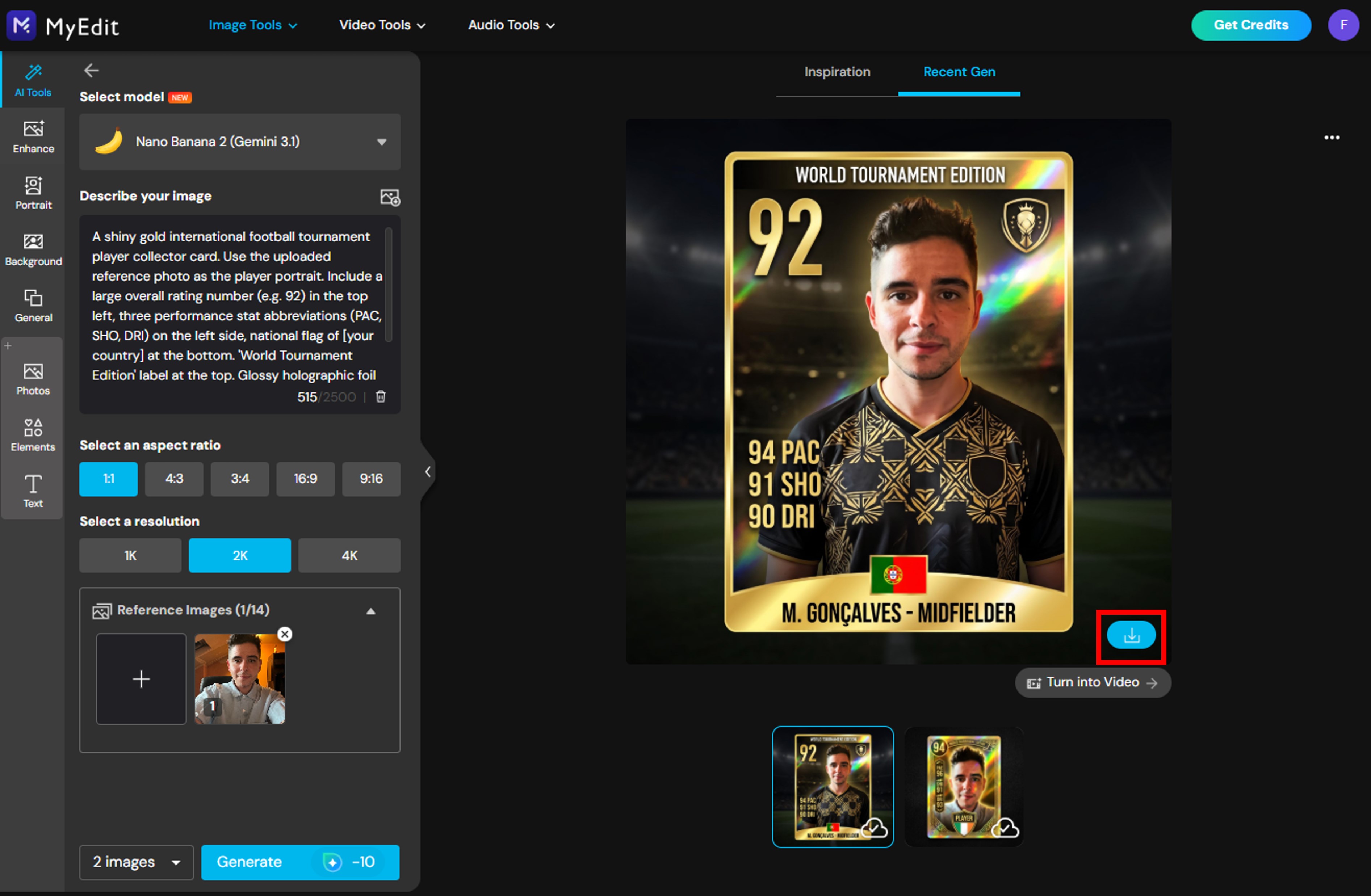 Result of an AI-generated world cup football card on MyEdit