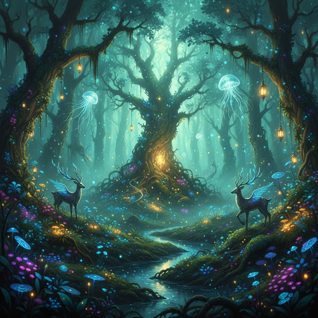 Forêt Mystique avec Lumières Éthérées