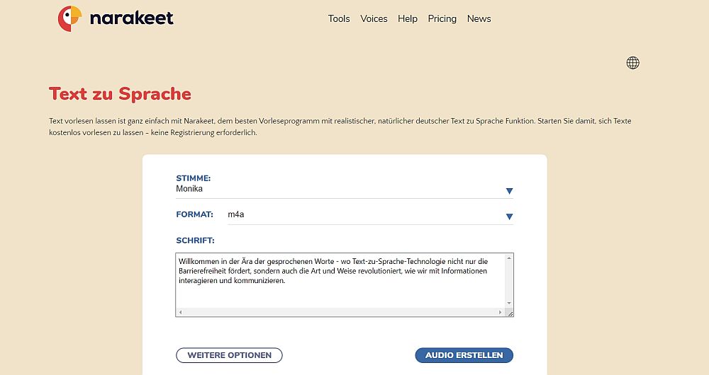 Narakeet Oberfläche