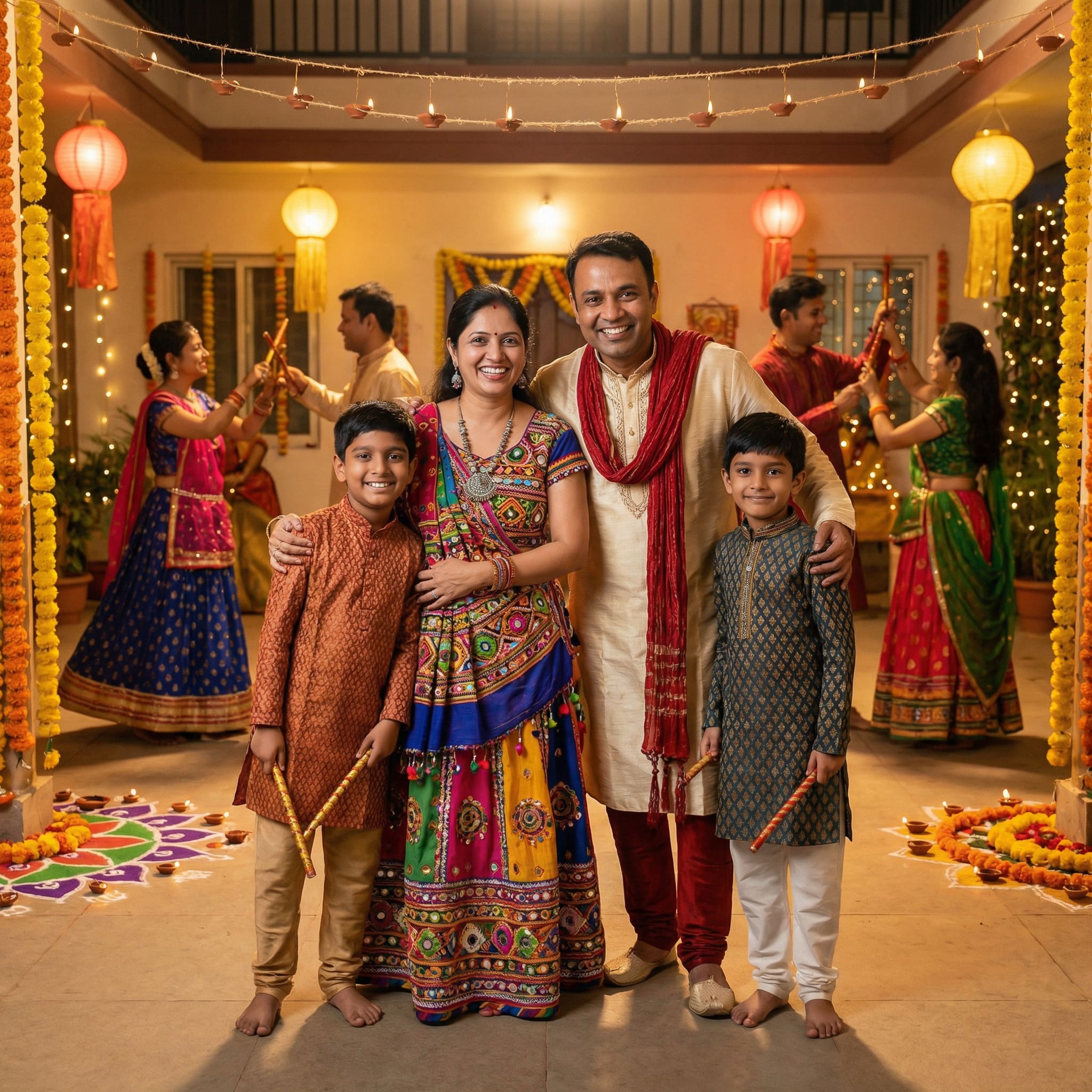 AI-generated family portrait in Navratri traditional attire