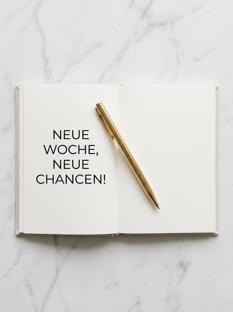 Ein minimalistisches offenes Notizbuch auf weißem Marmor mit einem goldenen Kugelschreiber und dem sauberen Aufdruck Neue Woche, neue Chancen.
