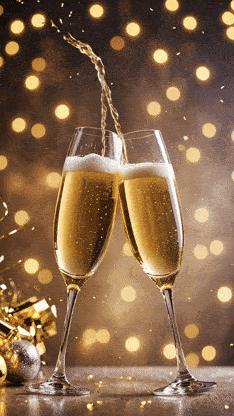 Neujahrs-GIF: 'Zwei Sektgläser, die vor einem Hintergrund aus goldenen Lichtpunkten anstoßen, während darüber der leuchtende Schriftzug Frohes Neues erscheint.'