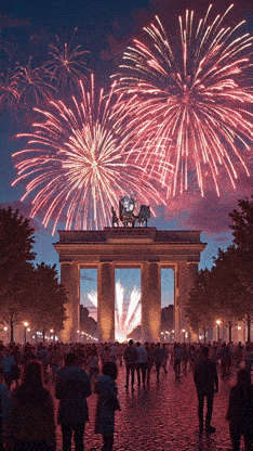 Neujahrs-GIF: 'Eine Menschenmenge vor dem Brandenburger Tor in Berlin bei Nacht, während ein großes rotes Feuerwerk den Himmel erleuchtet und der Schriftzug Frohes Neues Jahr 2026 eingeblendet wird.'