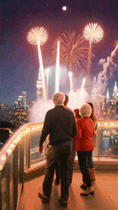 Neujahrs-GIF: 'Eine Familie betrachtet von einem Balkon aus ein goldenes Feuerwerk am Nachthimmel, das den Schriftzug Hello 2026 bildet.'