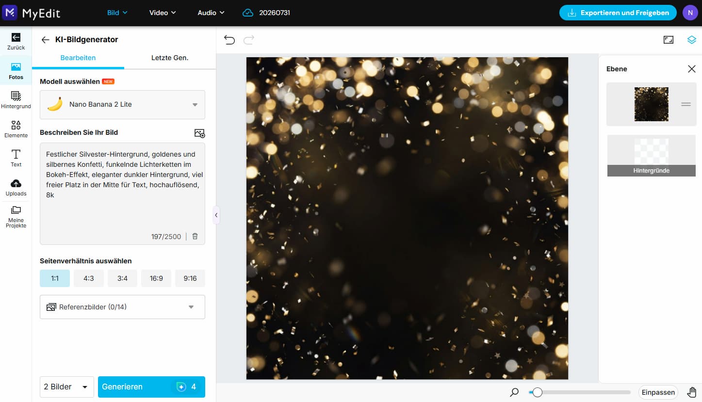 Neujahrs-Hintergrund mit goldenem Konfetti und Bokeh-Lichtern im KI-Bildgenerator von MyEdit erstellen