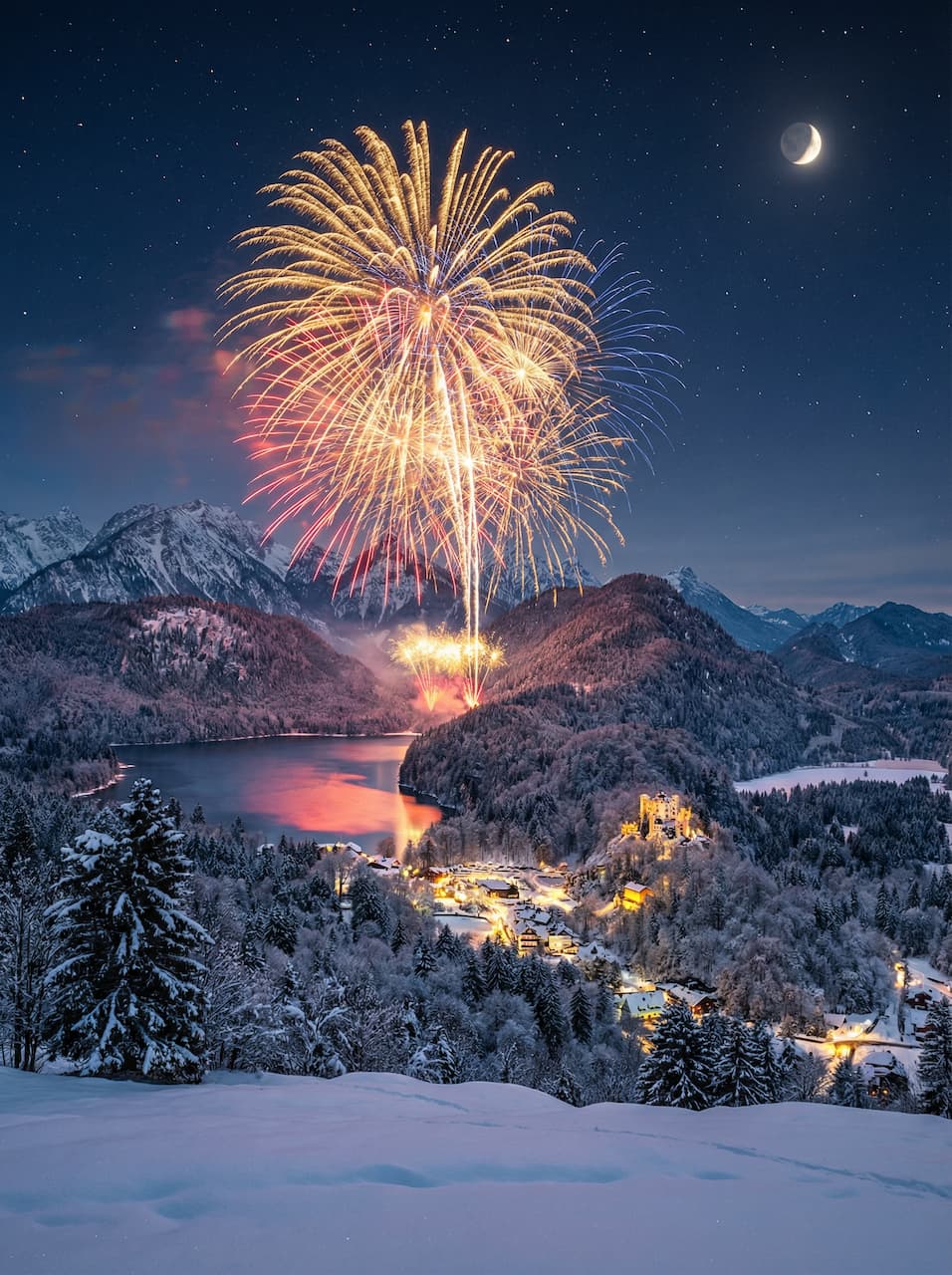 Verschneite bayerische Alpen um Mitternacht mit Feuerwerk am Himmel und leuchtenden Reflexionen auf zugefrorenen Seen.