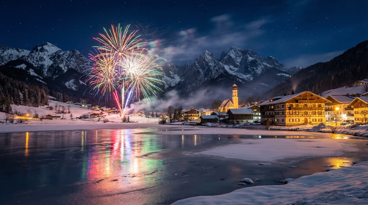 Verschneite bayerische Alpen um Mitternacht mit Feuerwerk am Himmel und leuchtenden Reflexionen auf zugefrorenen Seen.