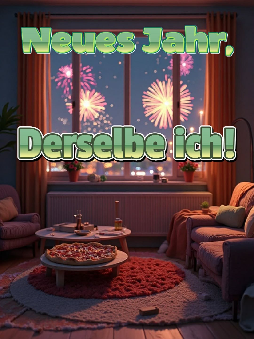 Neujahrsbild mit Gruß: 'Neues Jahr, derselbe ich!'