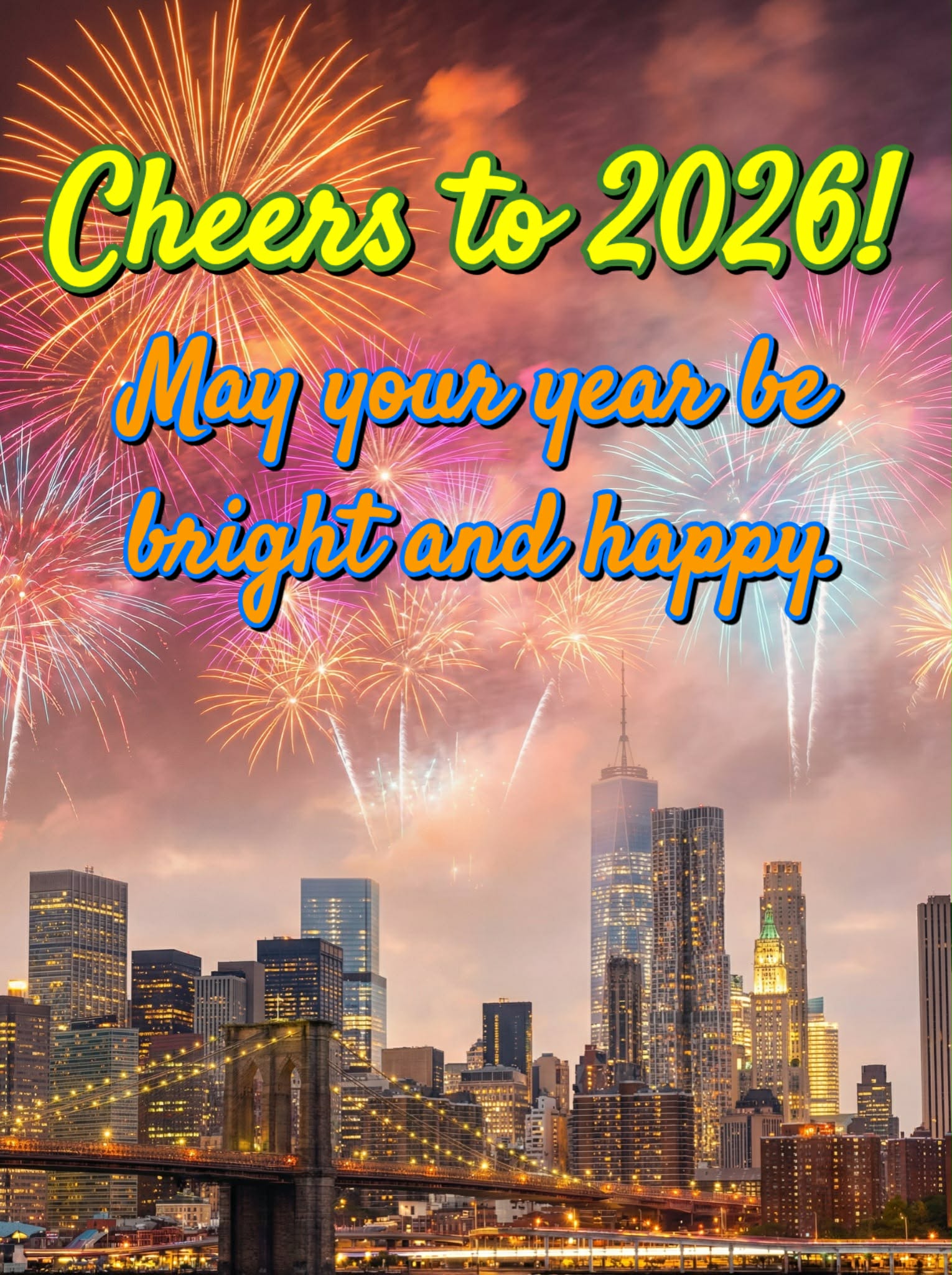 Neujahrsbild mit Gruß: 'Cheers to 2026! May your year be bright and happy.'