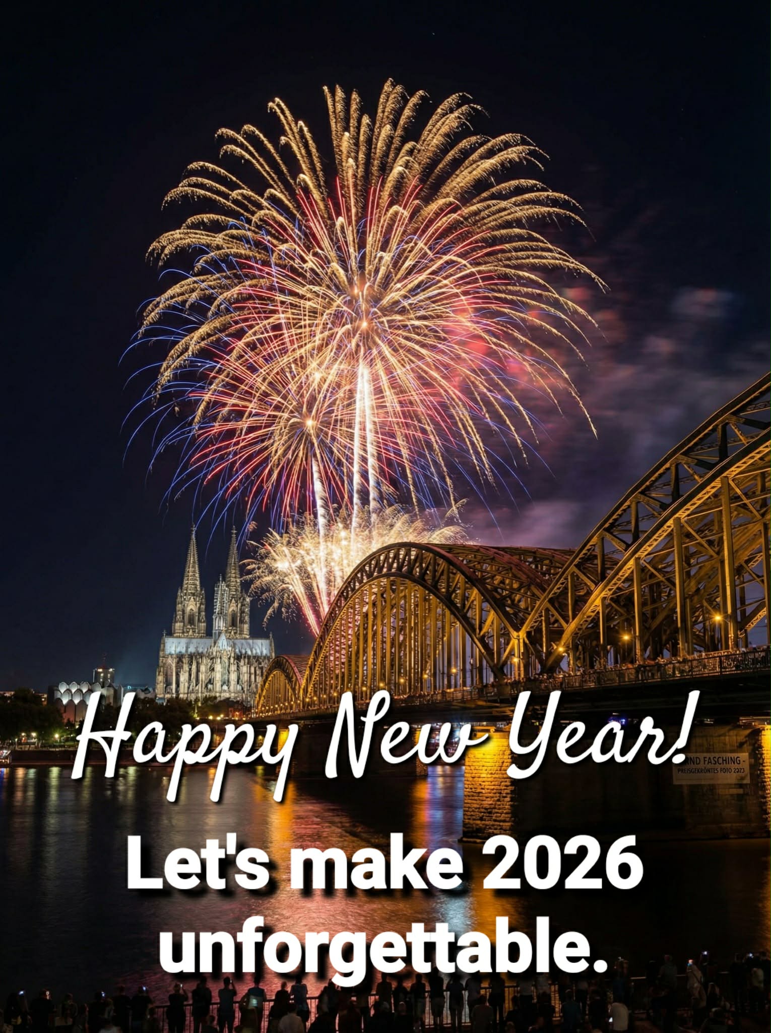 Neujahrsbild mit Gruß: 'Happy New Year! Let’s make 2026 unforgettable.'