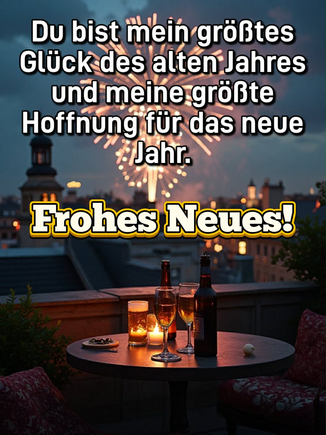 Neujahrsbild mit Gruß: 'Du bist mein größtes Glück des alten Jahres und meine größte Hoffnung für das neue Jahr. Frohes Neues!'