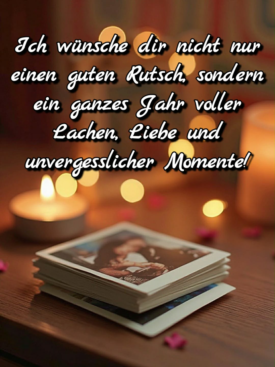 Neujahrsbild mit Gruß: 'Ich wünsche dir nicht nur einen guten Rutsch, sondern ein ganzes Jahr voller Lachen, Liebe und unvergesslicher Momente!'