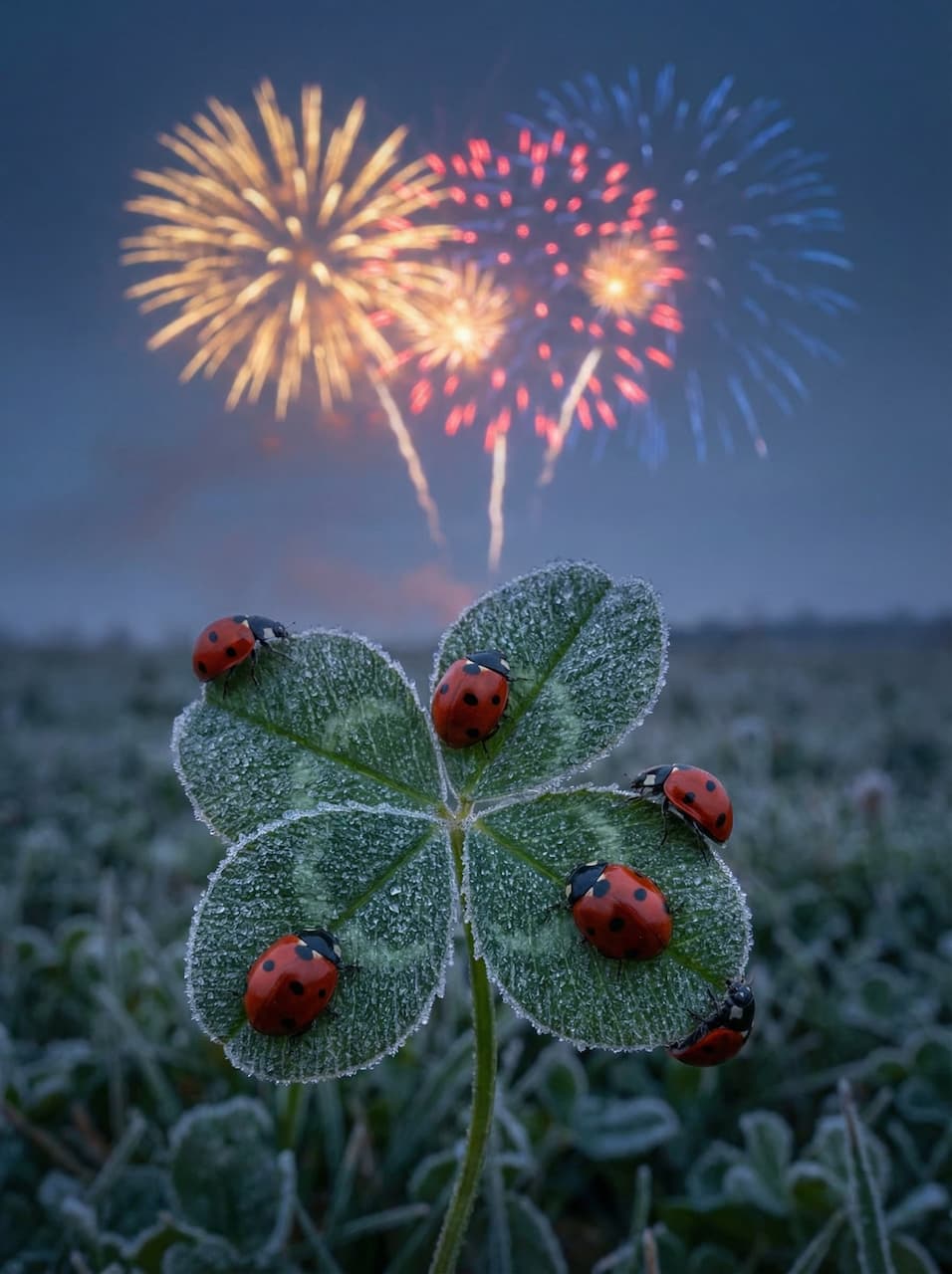 Marienkäfer krabbeln über ein vereistes vierblättriges Kleeblatt, im Hintergrund leuchten Feuerwerke.