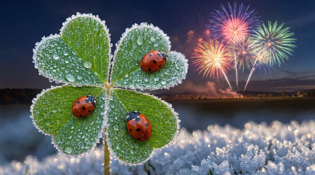 Marienkäfer krabbeln über ein vereistes vierblättriges Kleeblatt, im Hintergrund leuchten Feuerwerke.