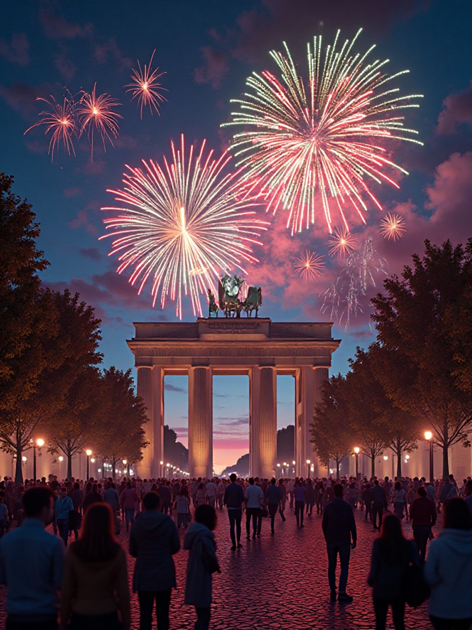 Spektakuläres Feuerwerk über dem Brandenburger Tor in Berlin bei Nacht.