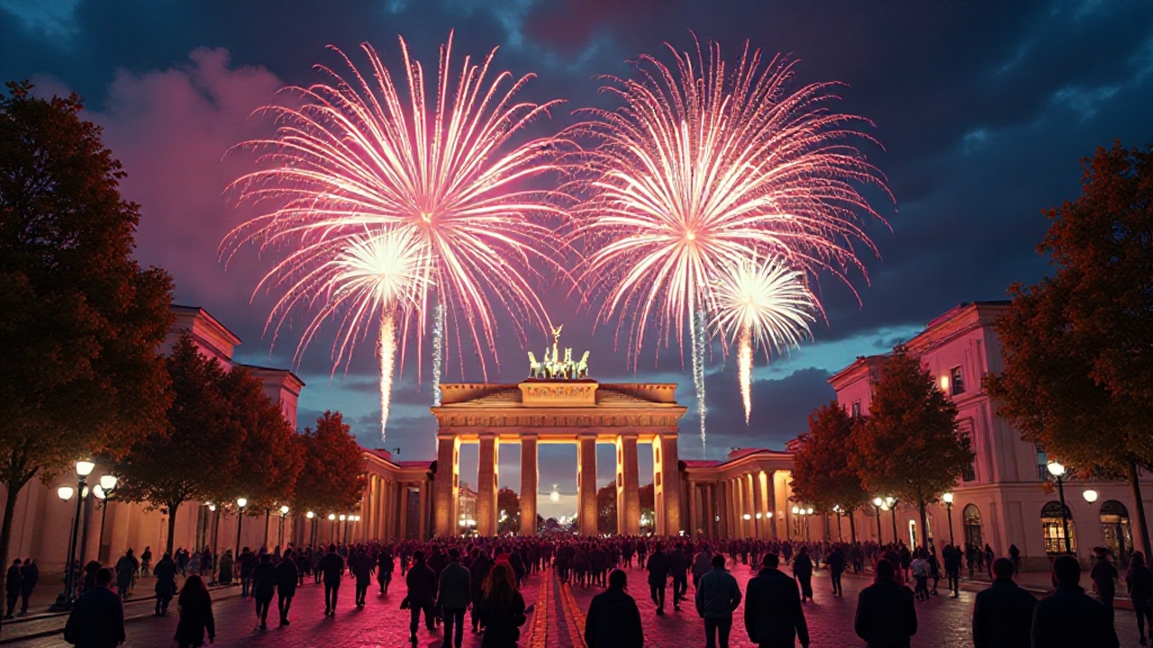 Spektakuläres Feuerwerk über dem Brandenburger Tor in Berlin bei Nacht.