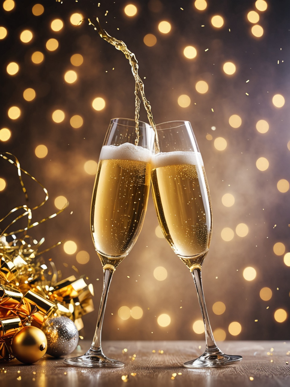 Sektgläser stoßen vor einem warmen Bokeh-Hintergrund an.