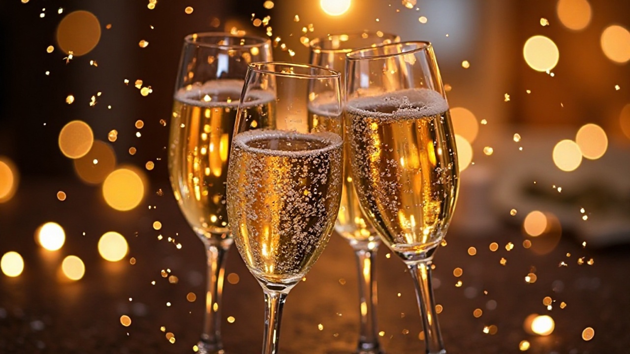 Sektgläser stoßen vor einem warmen Bokeh-Hintergrund an.